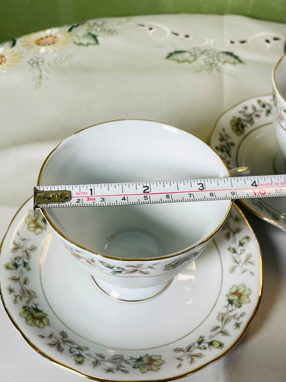 Vintage Green Floral Gold-Trim Cup & Saucer 4-Piece Set