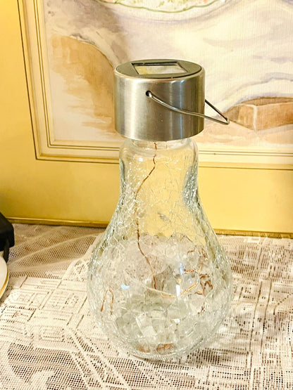 Crackle Glass Solar Fairy Light Bottle — Hanging Garden Decor (7in)