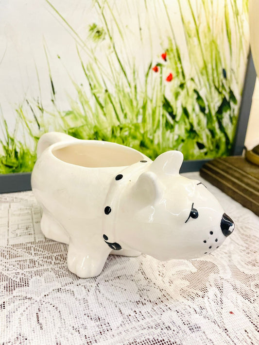 White Ceramic Dog Planter | Vintage Cottage Decor