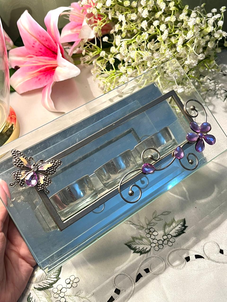 Crystal Tealight Candle Holder with Purple Butterfly – 24 cm
