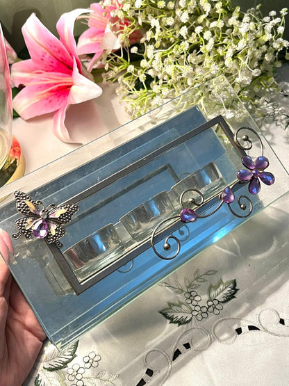 Crystal Tealight Candle Holder with Purple Butterfly – 24 cm