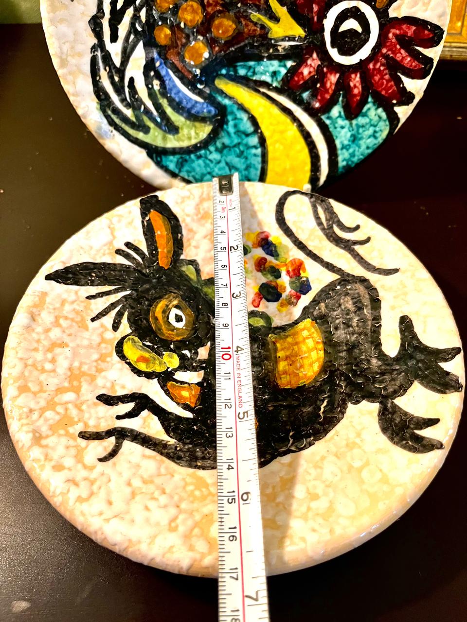 Vintage Textured Ceramic Plate with Whimsical Black Cat – 7 Inch