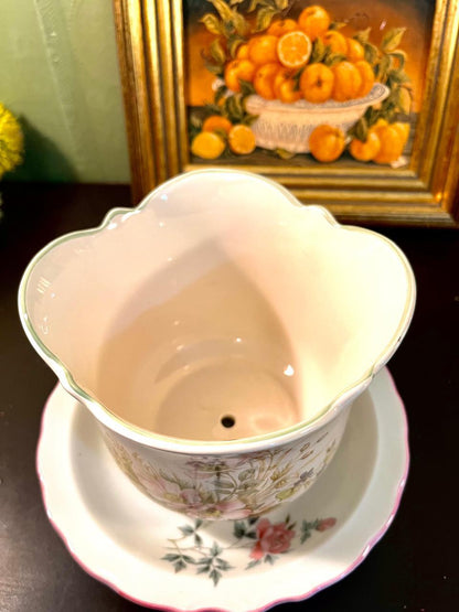Vintage Floral Ceramic Cachepot Planter with Matching Saucer – 7 Inch