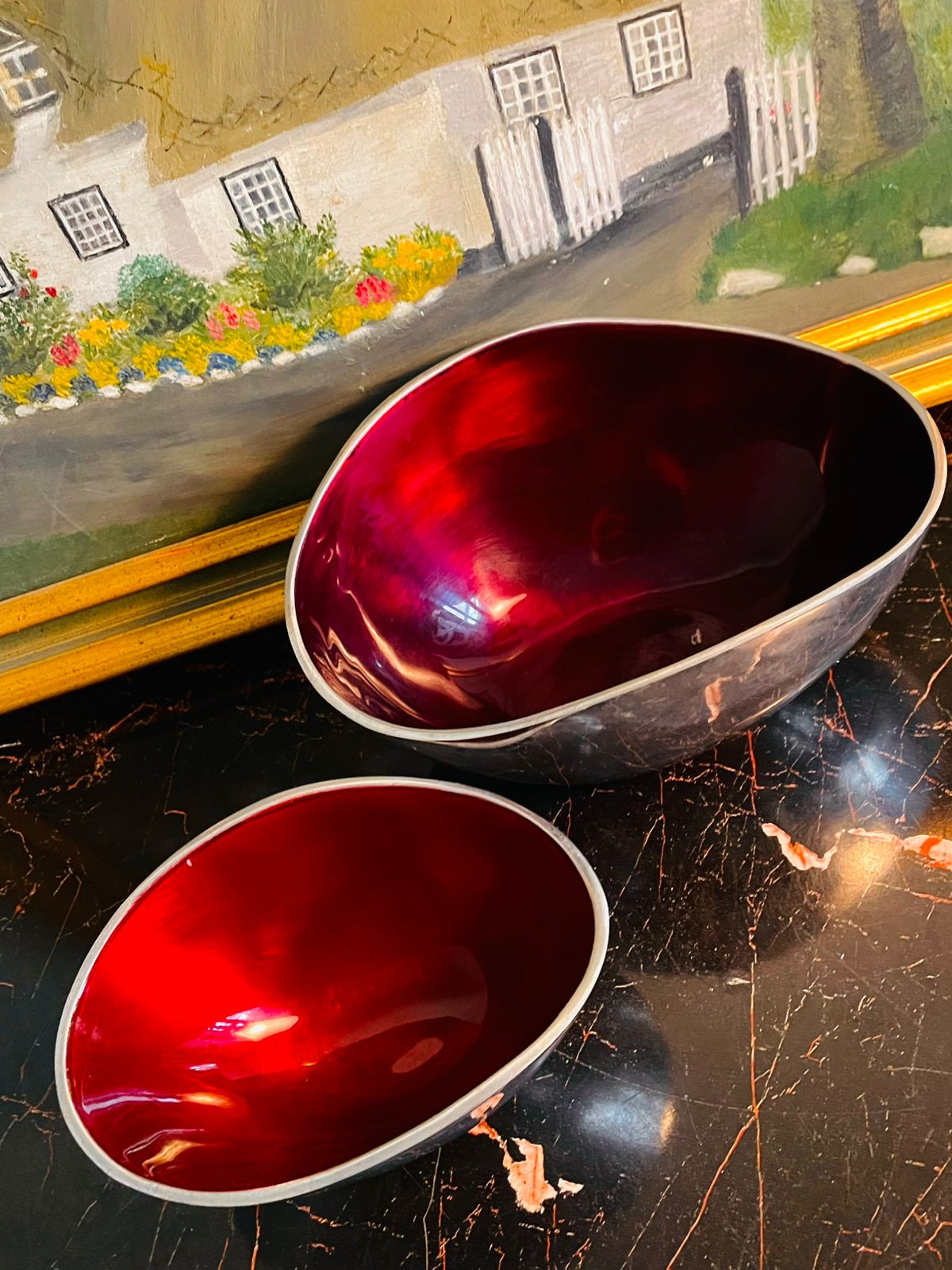 Red Enamel & Metal Decorative Serving Bowls – Modern Accent Set of 2