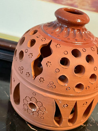 Vintage Terracotta Carved Lantern – Handcrafted Candle Holder