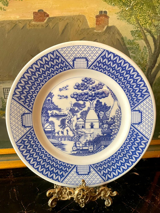 willow pattern plate, blue and white pottery, stoke on trent england, gladstone pottery museum, english heritage plate, collectible commemorative plate, blue willow england, european vintage crockery, museum pottery plate, sunset kitchen decor, high end thrift lahore