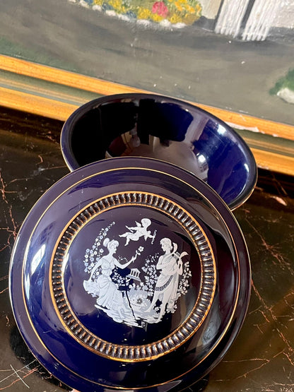 Handmade Italian Fiorentine Cobalt Blue Lidded Bowl – Classical Motif