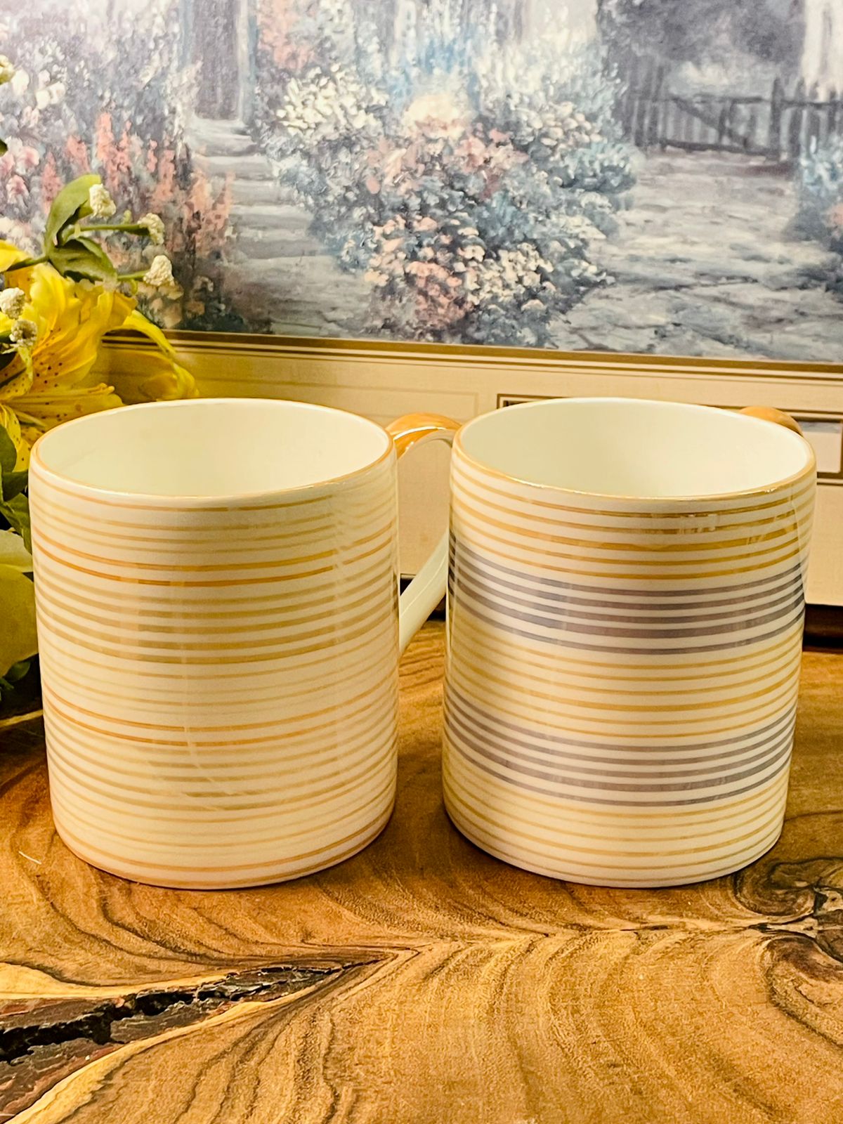 Set of 2 Data Fine Bone China Stripe Mugs | Gold & Blue