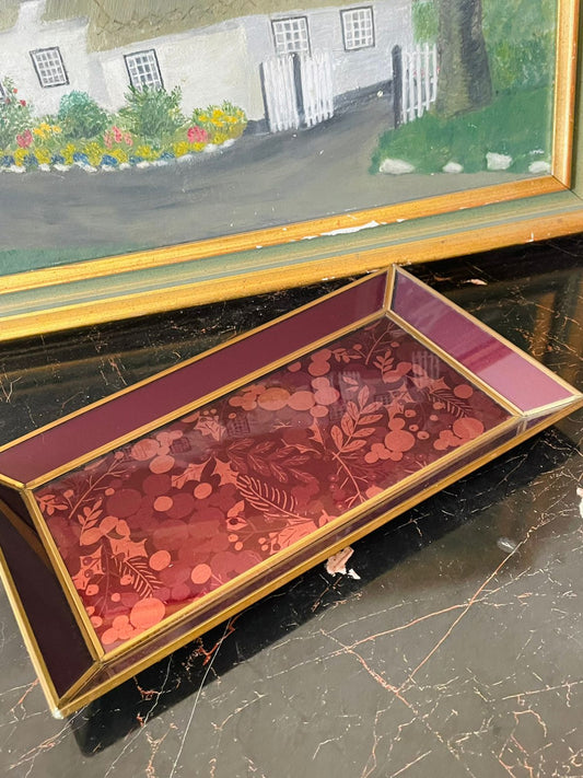 Vintage Rectangular Decorative Tray – Burgundy Glass with Gold Trim & Floral Pattern