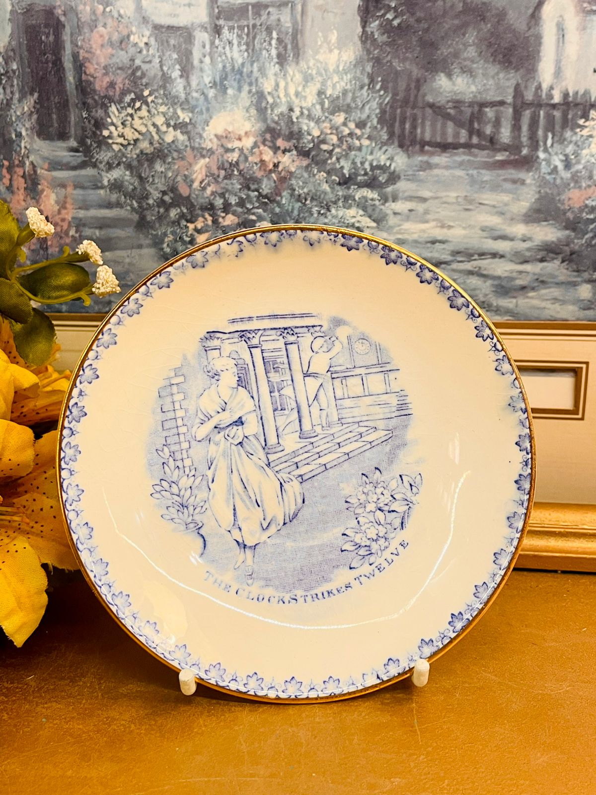 4.5 inches Vintage Blue Transferware Plate The Clock Strikes Twelve