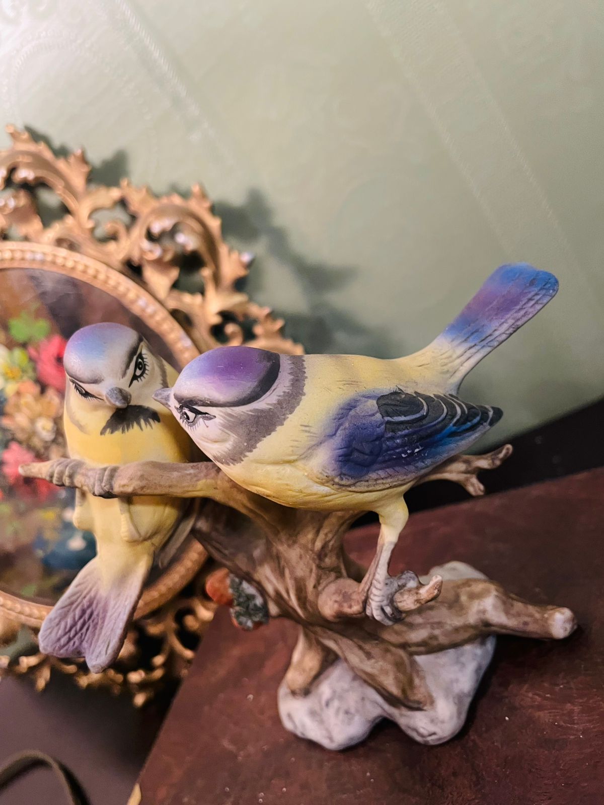 Vintage Pair of Blue Tit Bird Figurines on Branch
