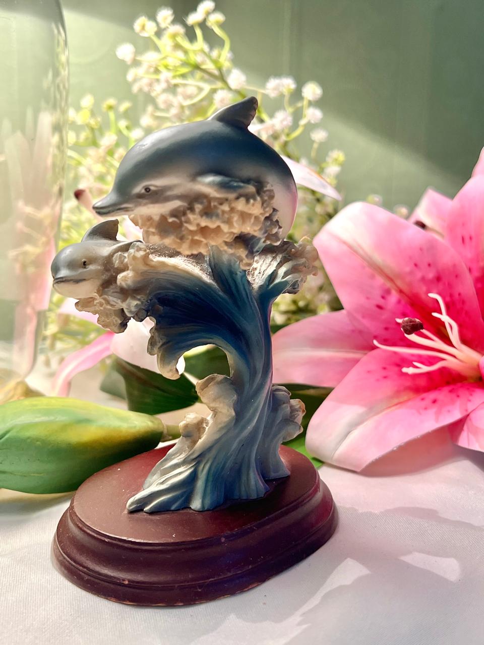 Decorative Dolphin Pair Figurine on Ocean Wave Base – Approx. 13 cm