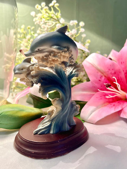 Decorative Dolphin Pair Figurine on Ocean Wave Base – Approx. 13 cm
