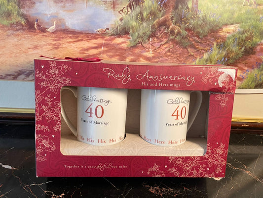 ruby anniversary mugs, his and hers mug set, 40 years of marriage gift, anniversary mugs set pakistan, ceramic couple mugs, wedding anniversary gift set, rare thrift finds pakistan, vintage inspired mugs, milestone celebration gifts, timeless couple gift ideas, curated vintage collection