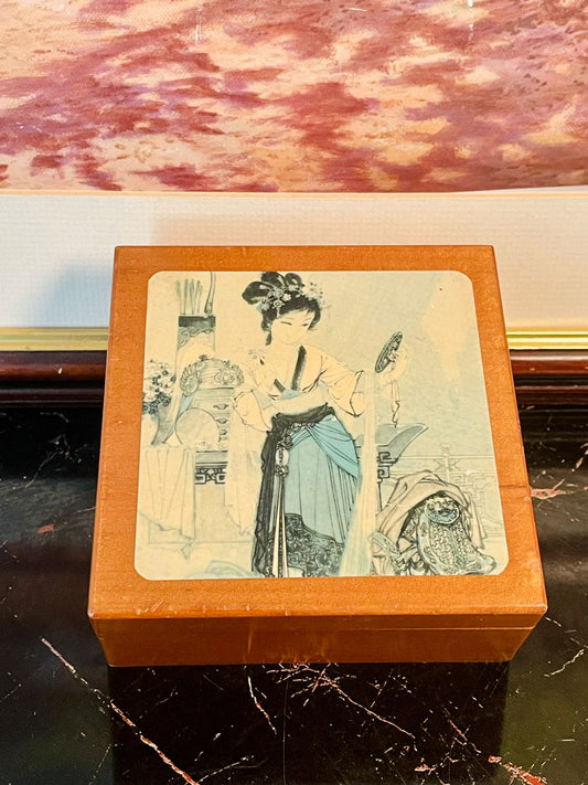 wooden storage box, vintage jewelry box, Chinese art box, cultural decor, Asian wooden box, collectible storage, antique style box, handmade wooden box, keepsake storage box, gift box decor, wooden treasure box, oriental artwork decor