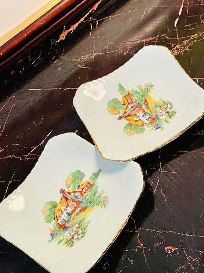Vintage ROYAL Bone China Square Dish – Cottage Garden Scene – Made in England