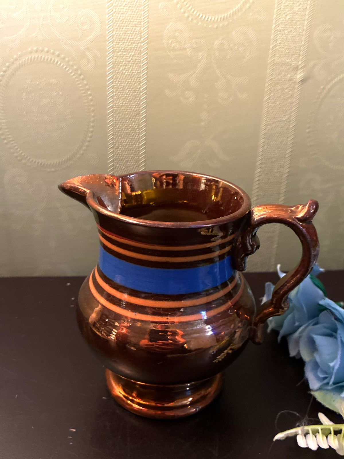 Vintage Brown Lustreware Jug Blue Stripe Ceramic Pitcher
