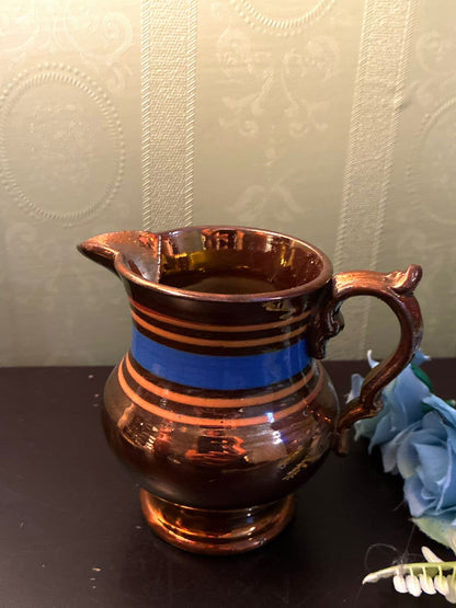 Vintage Brown Lustreware Jug Blue Stripe Ceramic Pitcher