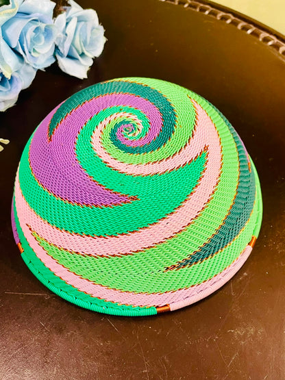 10 Inch Handwoven Decorative Basket Tray – Multicolor Spiral Woven Bowl