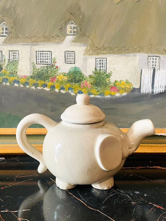 vintage elephant teapot, holly barn england, fine bone china teapot, collectible animal teapot, english ceramic decor, novelty teapot england, cottagecore kitchen decor, vintage pottery collectible, rare thrift find pakistan, sunset kitchen vintage
