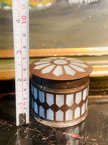 Vintage Brass & Mother of Pearl Inlay Trinket Box — Floral Mosaic Design