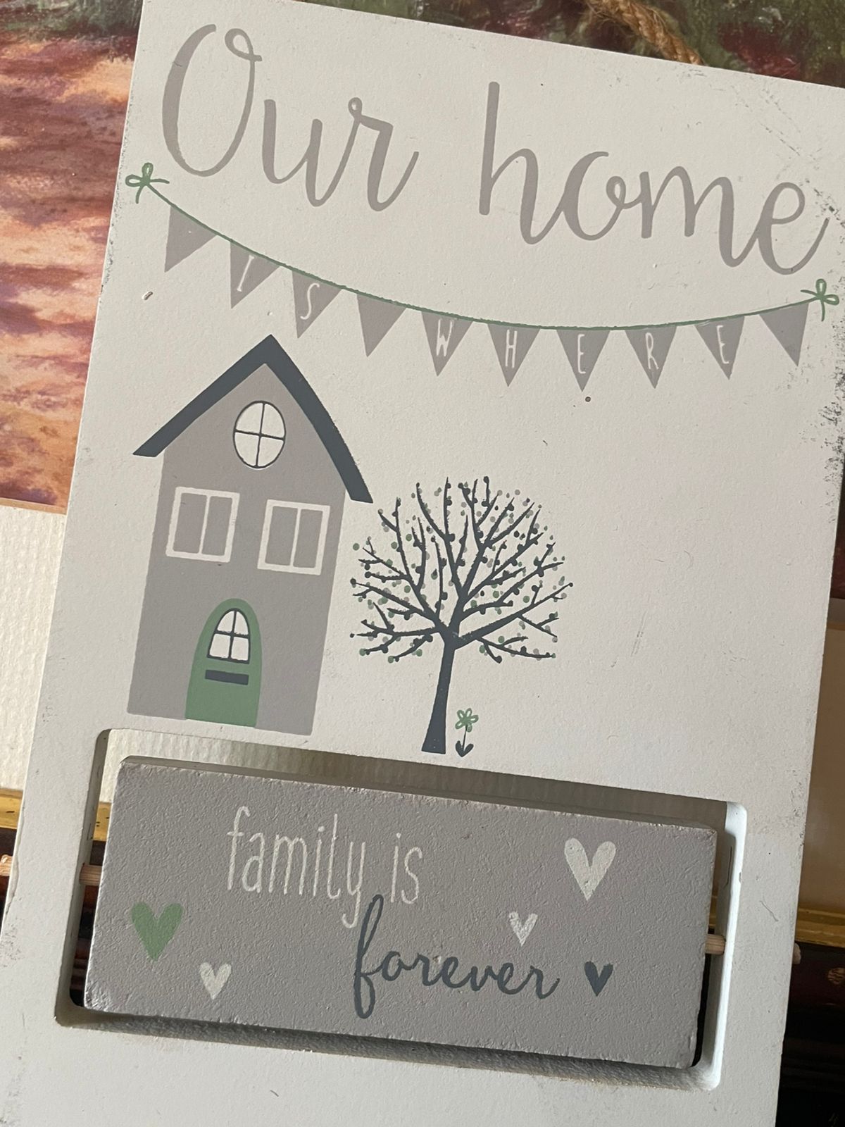 “Our Home” White wood Wall Plaque – Family is Forever with Jute Rope Hanging