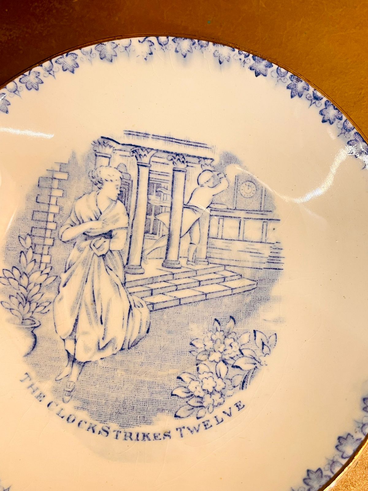 4.5 inches Vintage Blue Transferware Plate The Clock Strikes Twelve