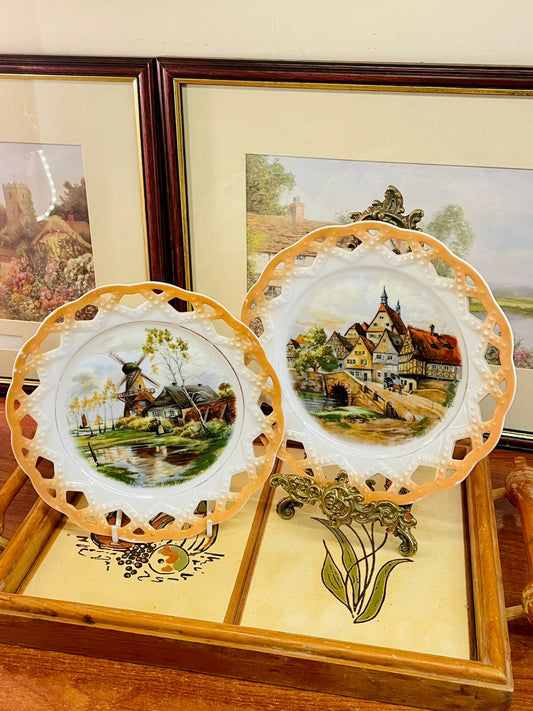 (Set of 2) Vintage Pierced-Edge Display Plates – Scenic European Village Wall Decor