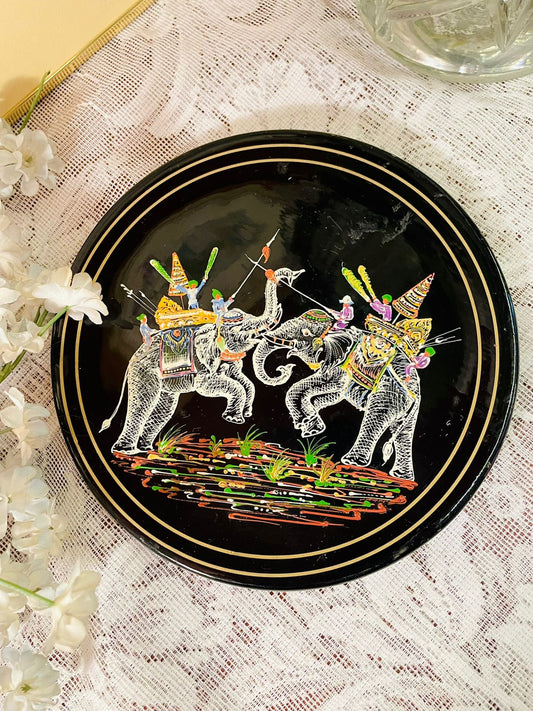 Vintage Black Lacquer Elephant Decorative Plate – 6 Inch