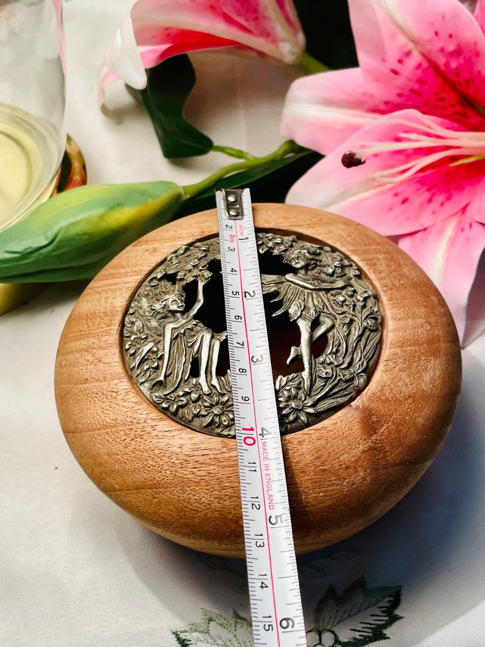 Wooden Potpourri Bowl with Ornate Metal Fairy Lid 12 cm