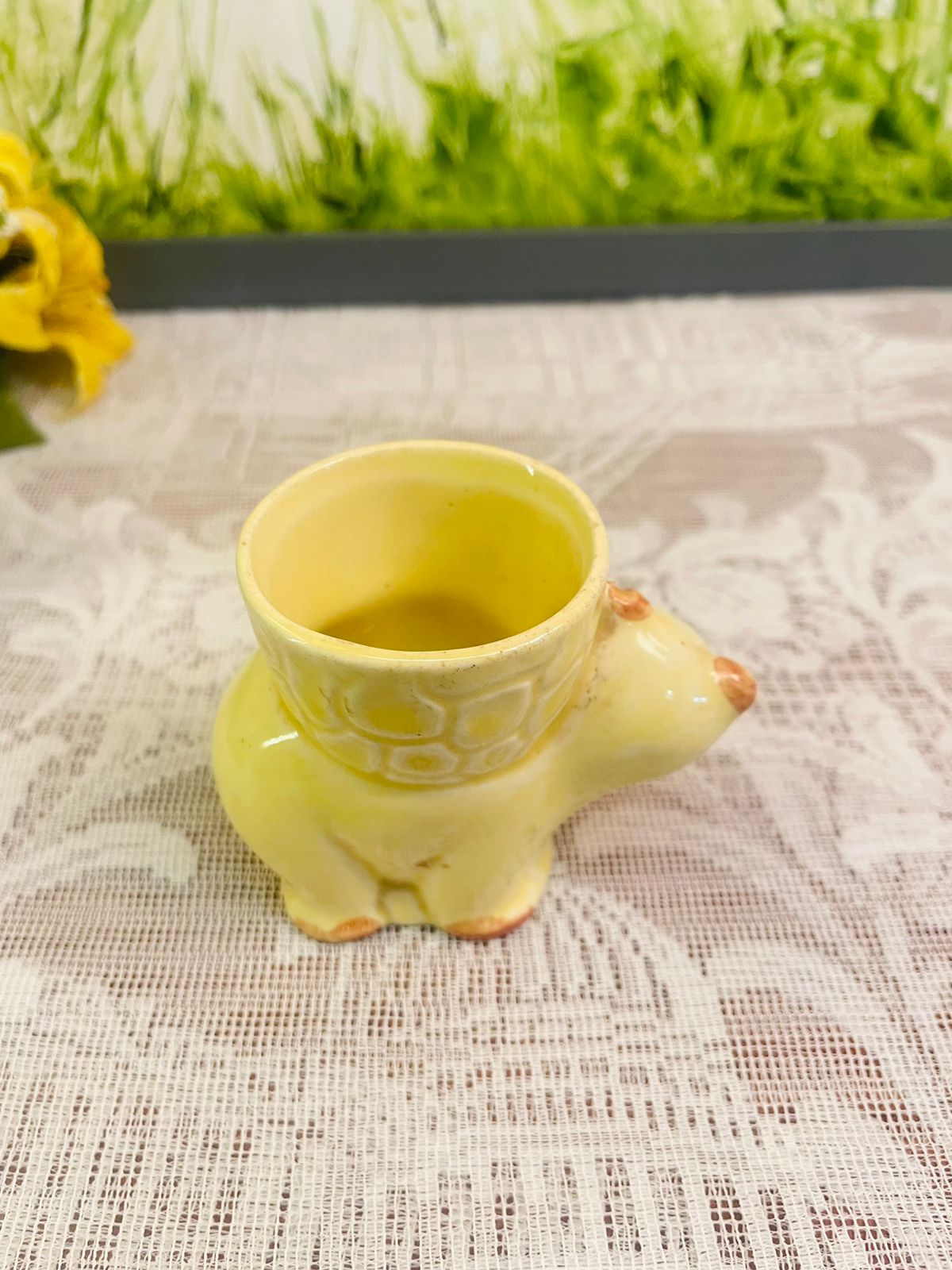 Vintage Yellow Ceramic Cat Egg Cup Holder