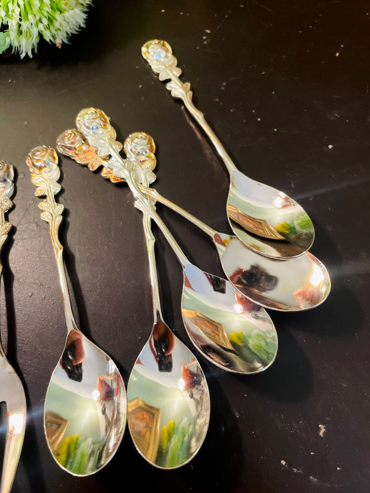 Vintage Rose Handle Appetizer Spoon & Fork Set 5 Inch Silver Plated Flatware
