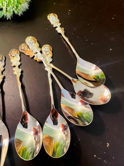 Vintage Rose Handle Appetizer Spoon & Fork Set 5 Inch Silver Plated Flatware