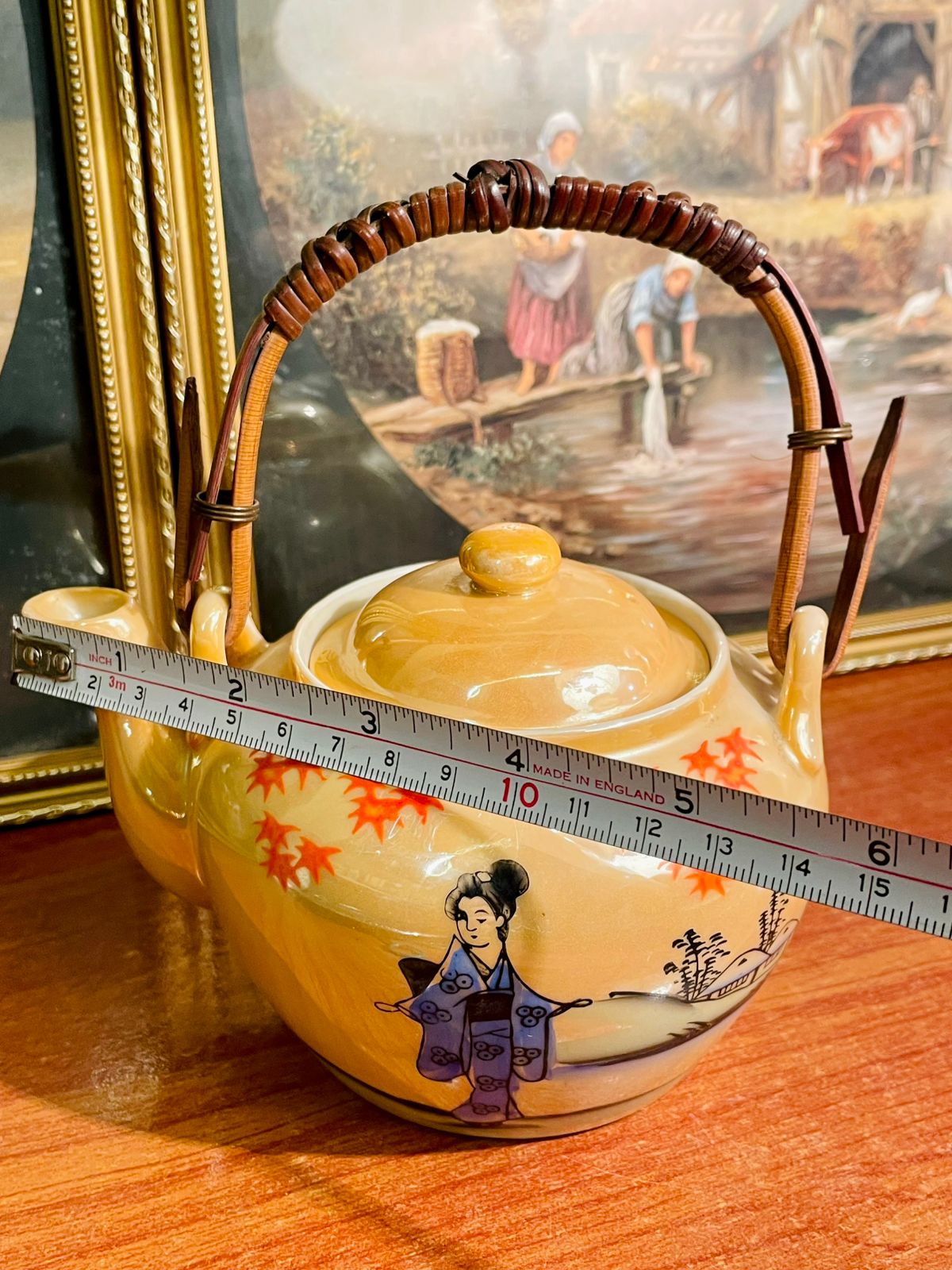 Vintage Japanese Style Ceramic Teapot with Bamboo Handle – Hand-Painted Geisha & Maple Leaves