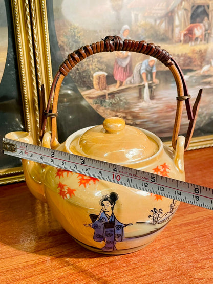 Vintage Japanese Style Ceramic Teapot with Bamboo Handle – Hand-Painted Geisha & Maple Leaves