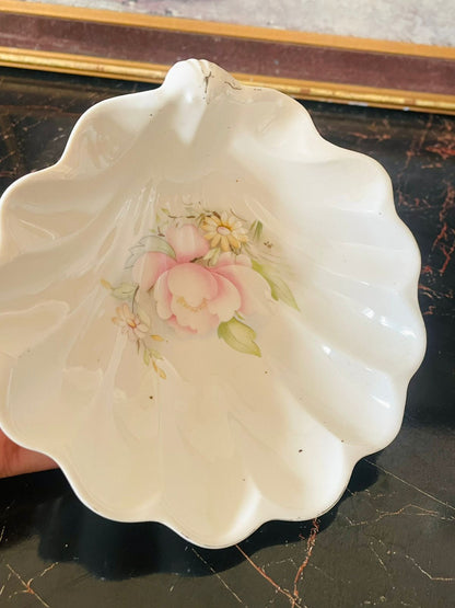 Vintage English Porcelain Bell & Shell Dish Set – Soft Pink Floral Design