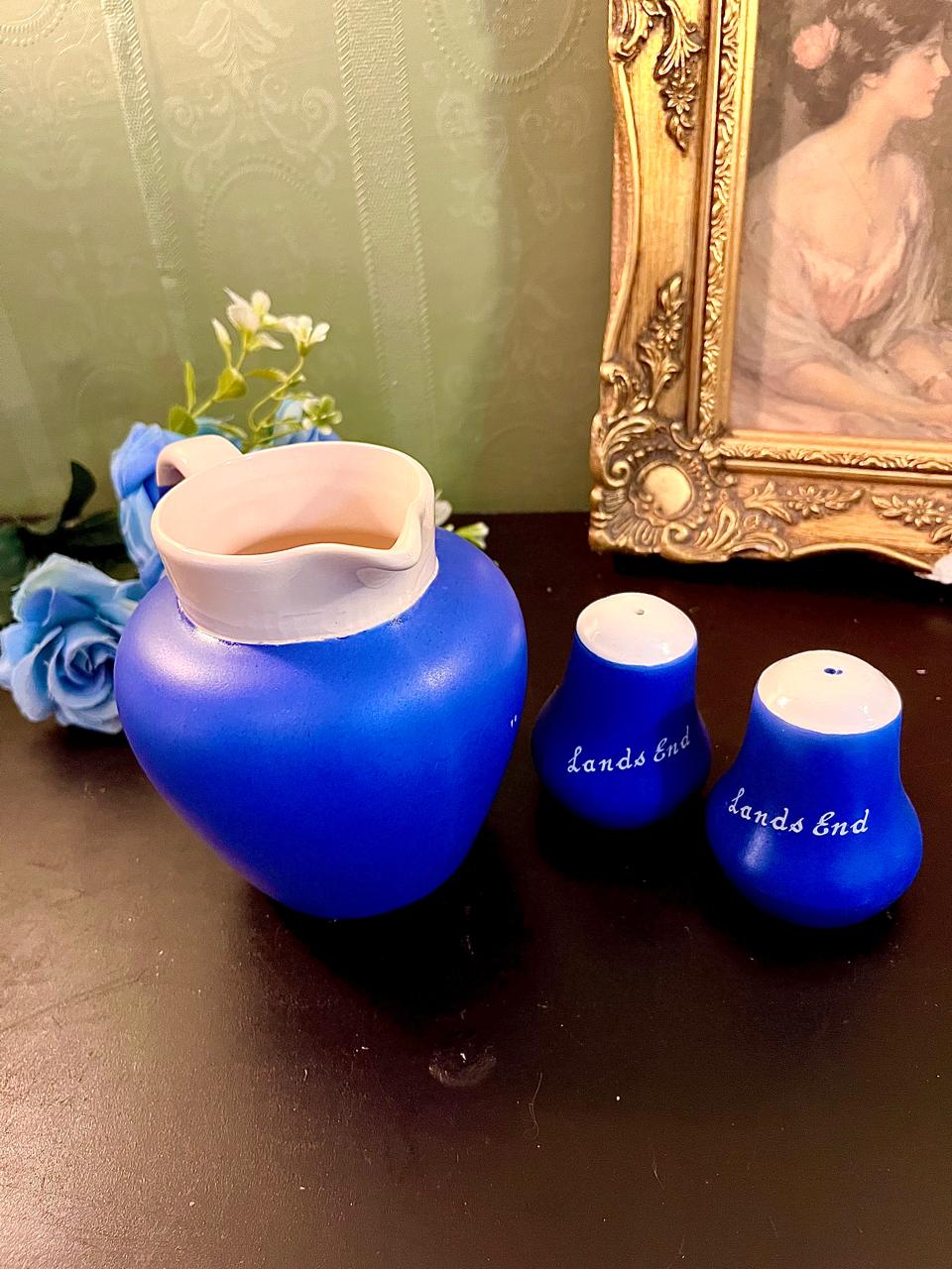 Cobalt blue Aberdovey souvenir jug with matching Lands End salt and pepper shakers