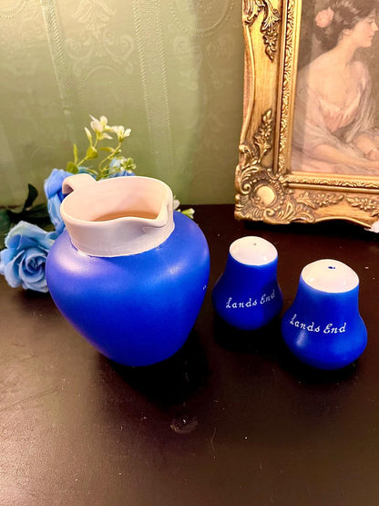 Cobalt blue Aberdovey souvenir jug with matching Lands End salt and pepper shakers