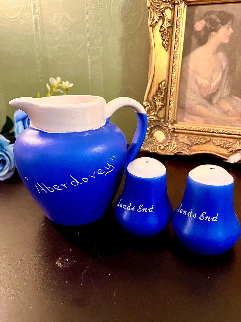 Blue jug and salt pepper shakers grouped with backstamp visible