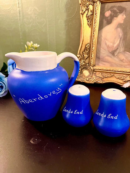 Blue jug and salt pepper shakers grouped with backstamp visible