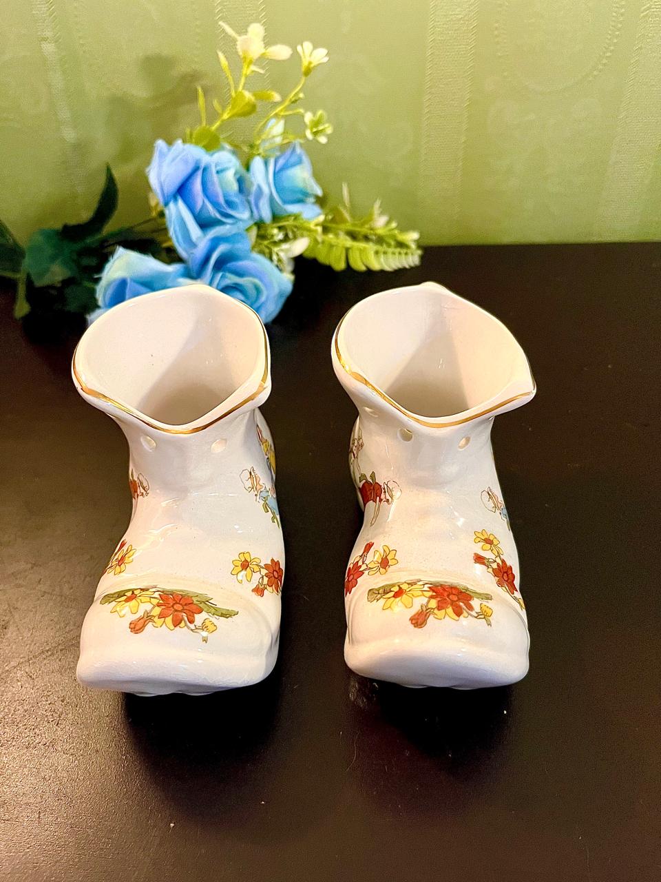 Pair of Old Foley ceramic boot bud vases, floral design