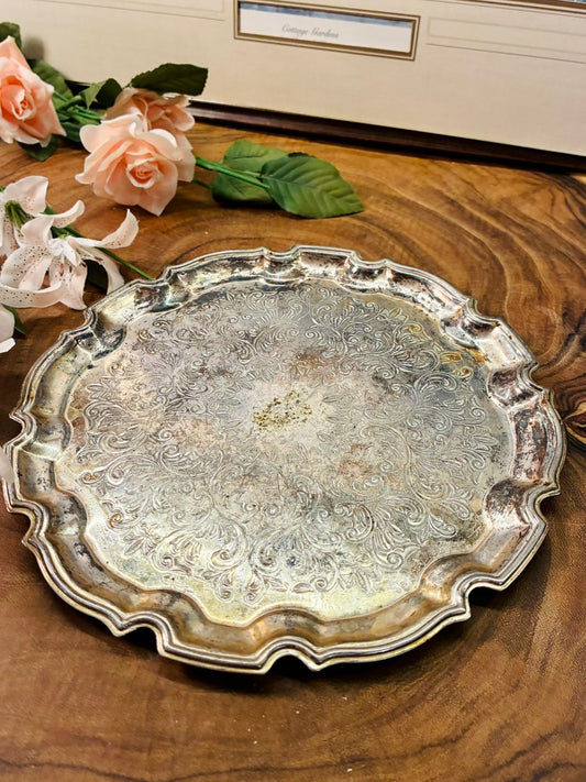 Vintage Silver Tone Embossed Serving Tray Decorative Accent