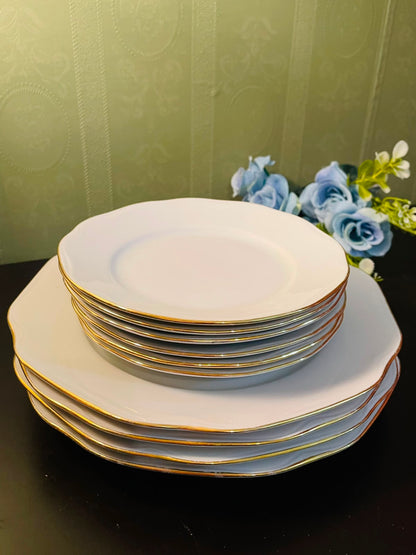 10 pcs White Porcelain Dinner & Quarter Plates Set Gold Trim