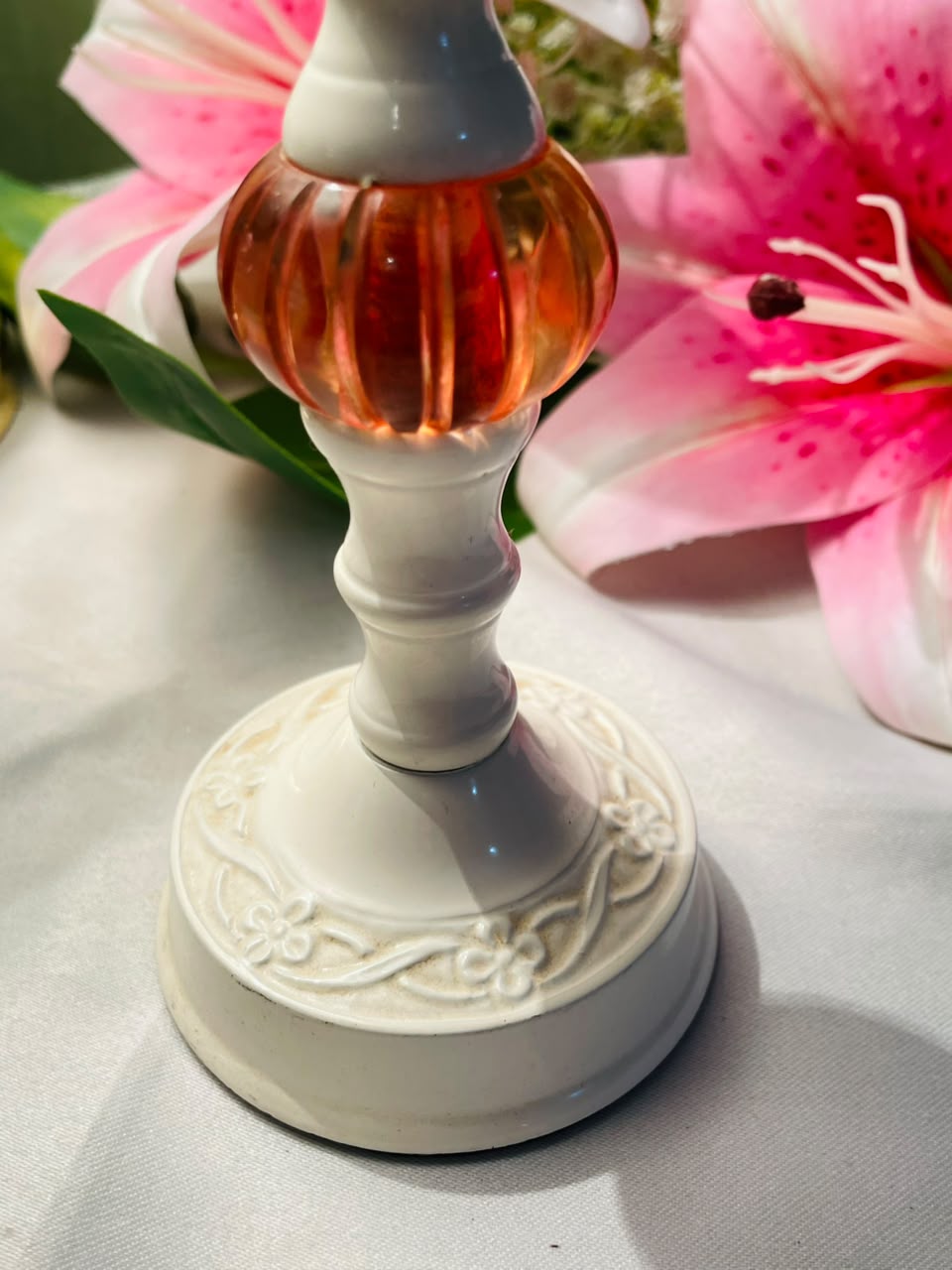 White Candle Holder with Amber Crystal Accent Approx. 18 cm