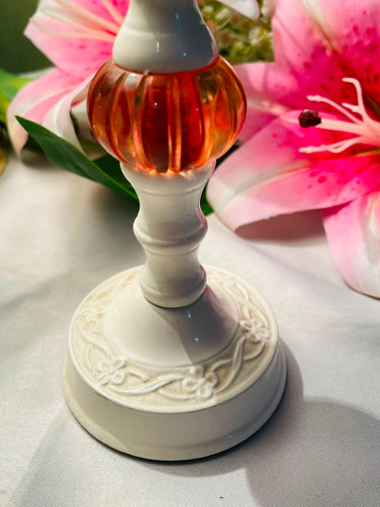 White Candle Holder with Amber Crystal Accent Approx. 18 cm