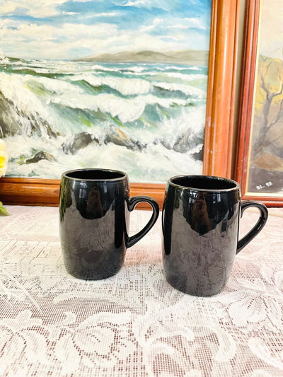 Pair of Vintage Black Glossy Ceramic Mugs