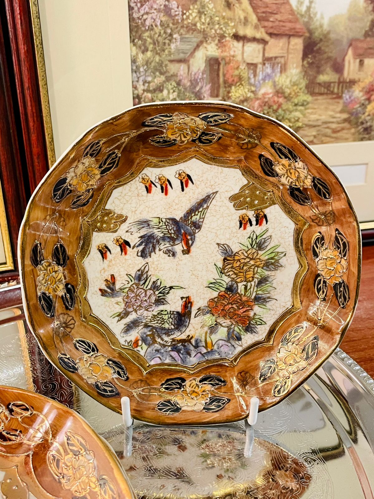 Vintage Gilded Oriental Plate – Hand-Painted Floral & Bird Art Dish
