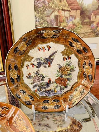 Vintage Gilded Oriental Plate – Hand-Painted Floral & Bird Art Dish