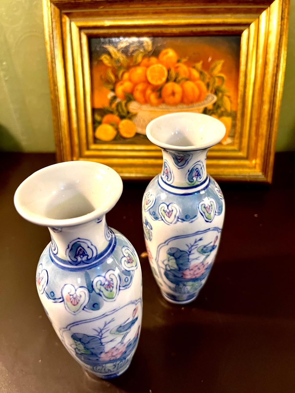 Pair of Vintage Hand-Painted Porcelain Bud Vases – Oriental Lotus Design – 7 Inch