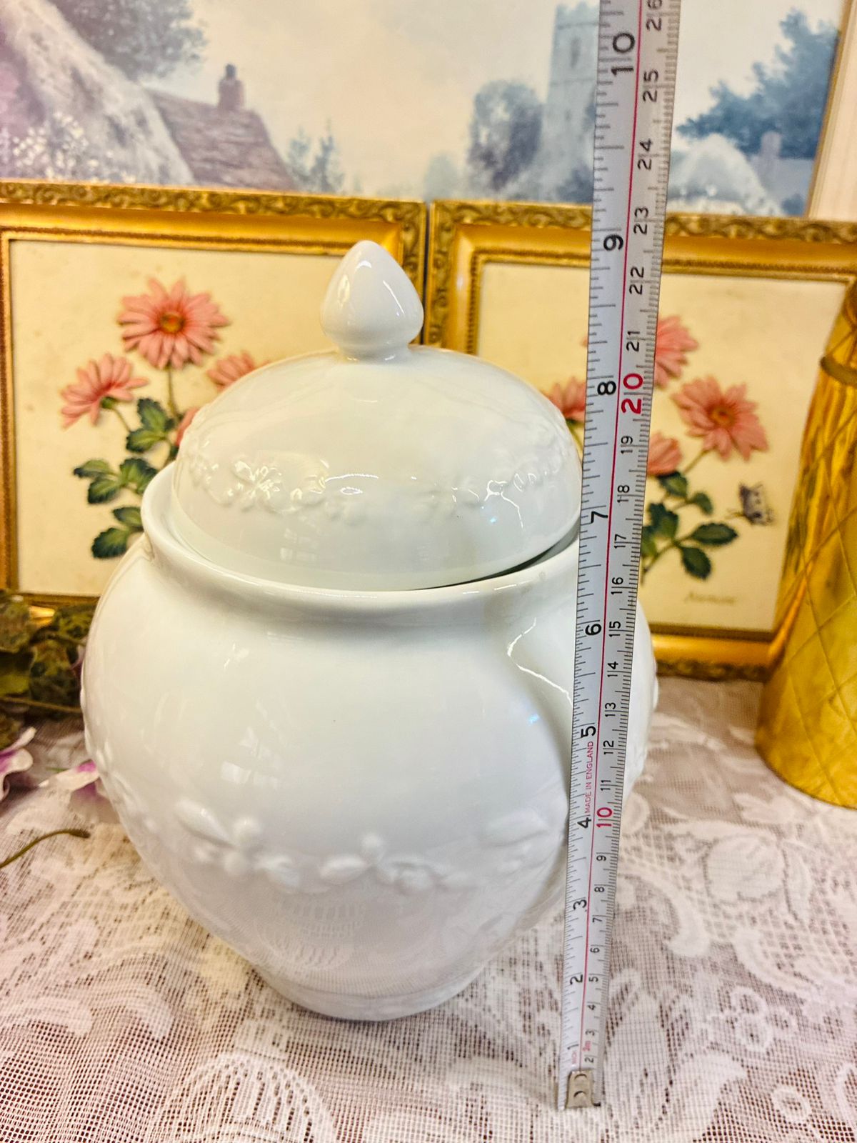 Vintage large White Porcelain Lidded Jar Embossed Floral